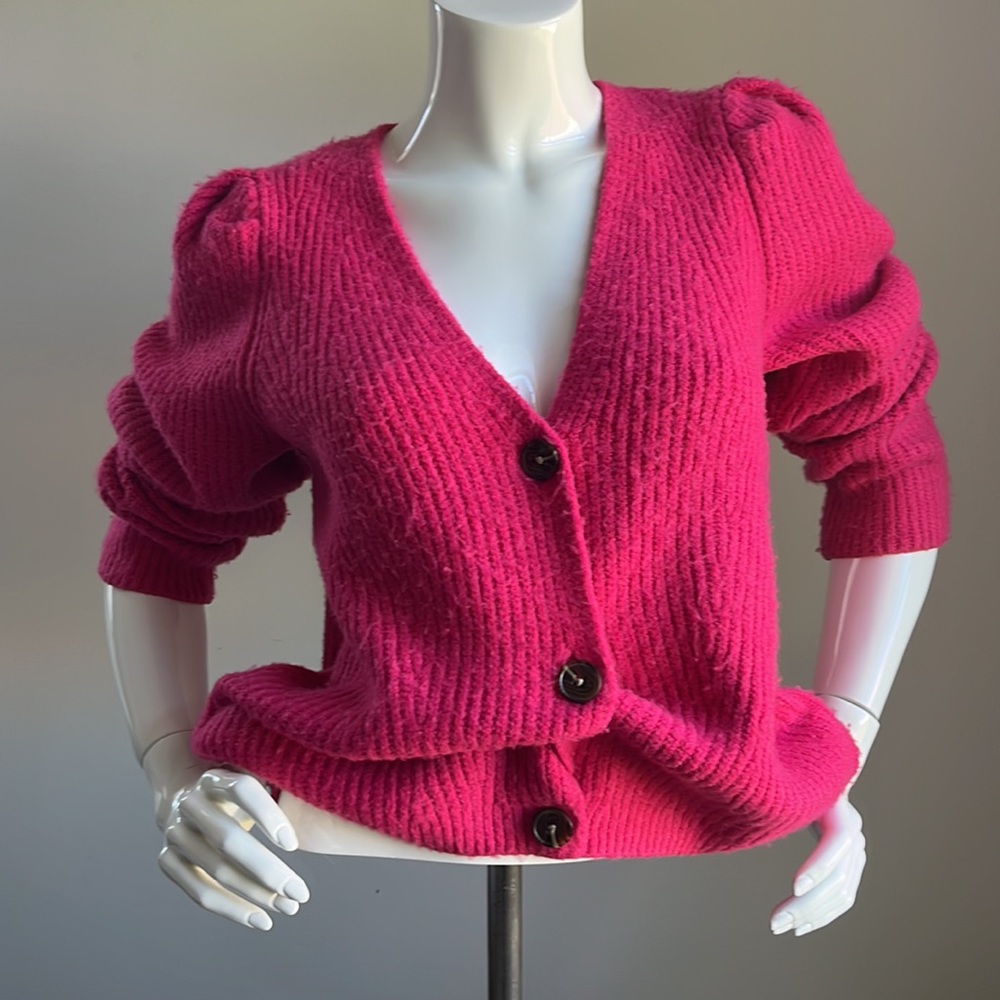Women's Fuchsia V-Neck Button Cardigan Sweater